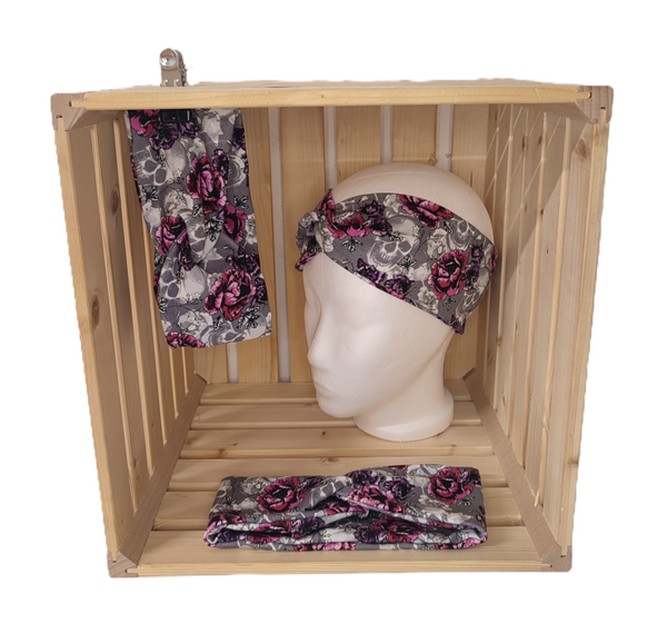 Stirnband-Totenkopf mit Rose (grau)
