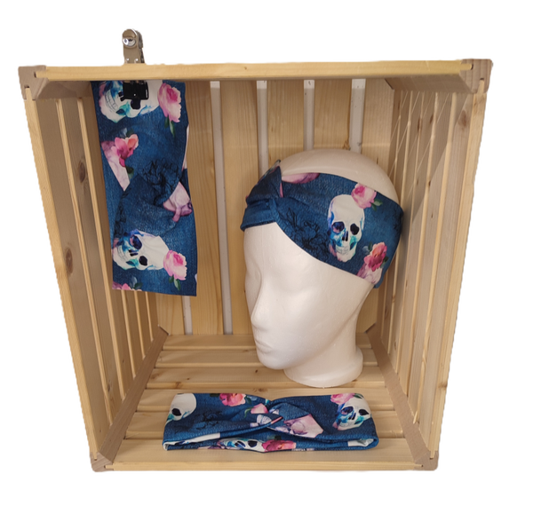 Stirnband-Totenkopf mit Rose (blau)