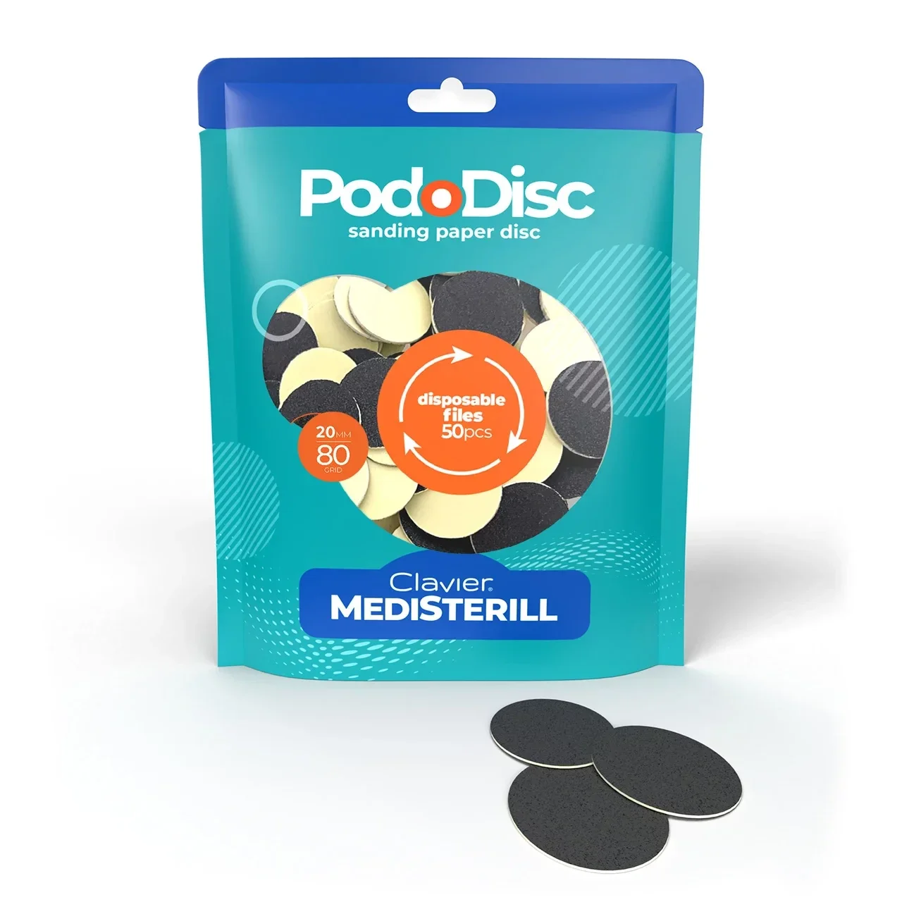 Abrasive pads, Medisterill, PodoDisc replacement discs for pedicures, 20mm, 80 grit, 50pcs, black CLAVIER