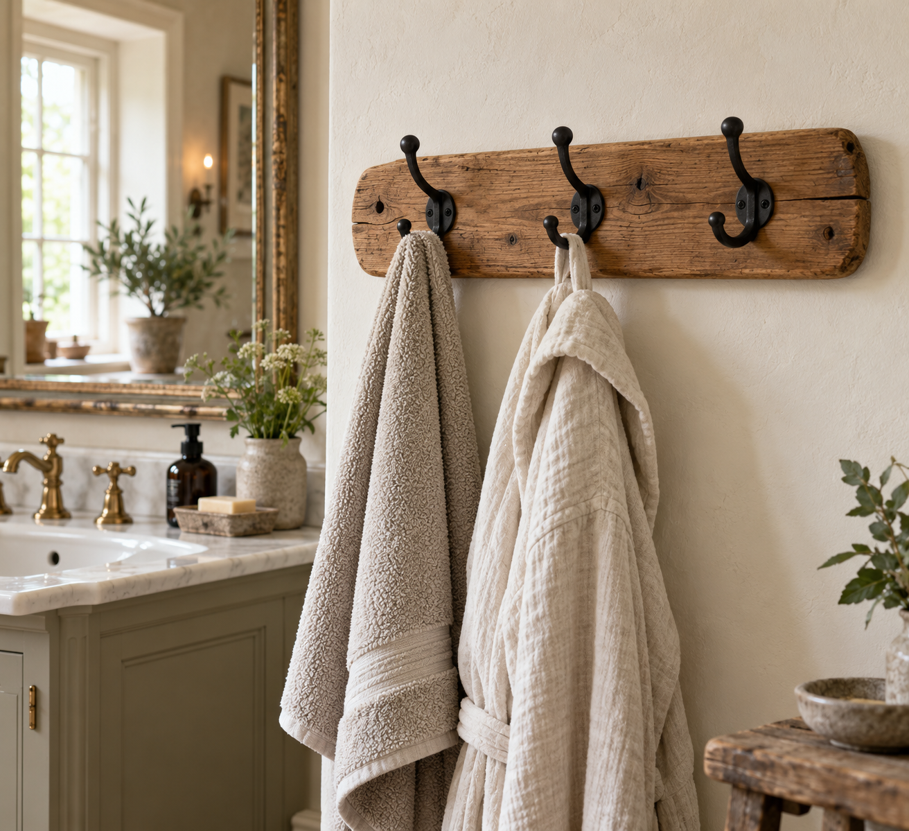 Three hook reclaimed timber board in a bathroom (illustrative image)