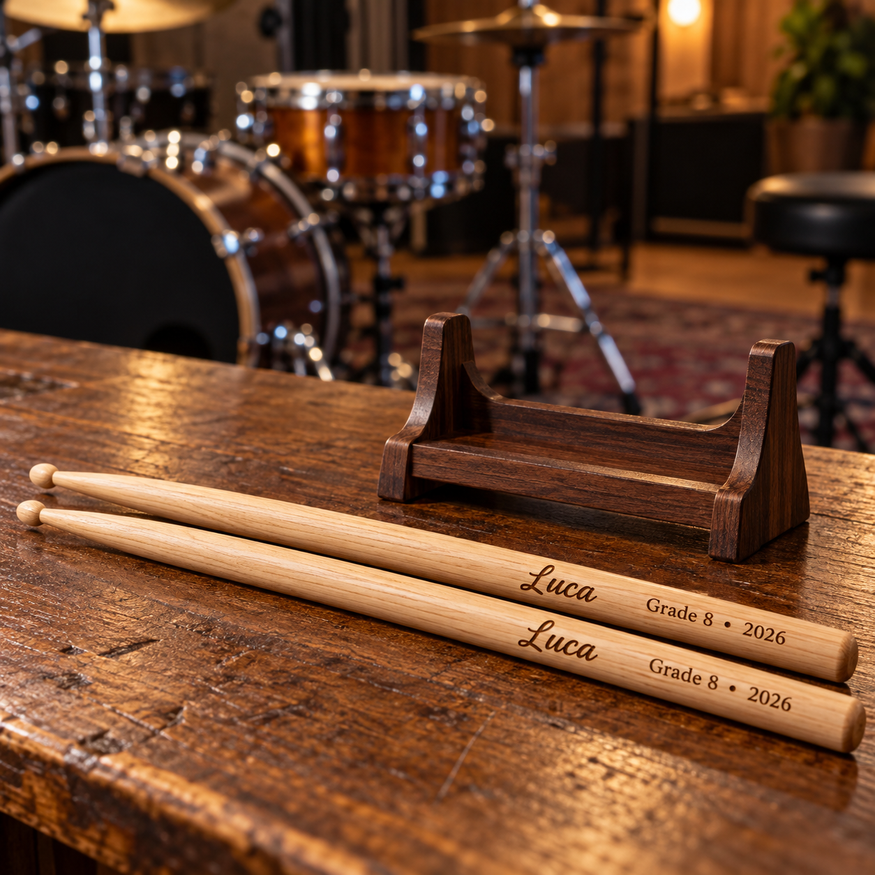 Personalised engraved drumsticks — design example