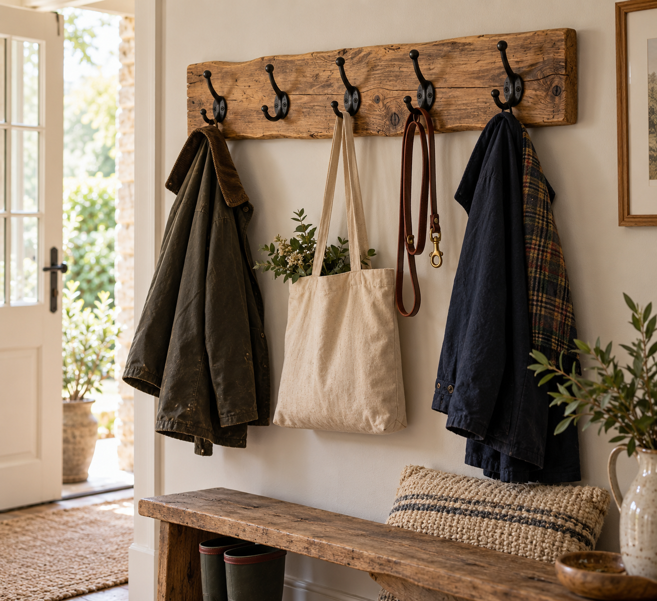 Five hook reclaimed timber board in a hallway (illustrative image)