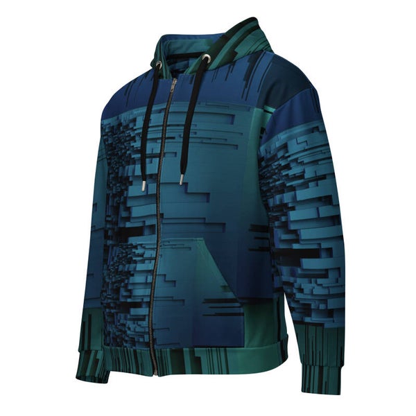 All over print recycled unisex zip hoodie - blue, green geometric