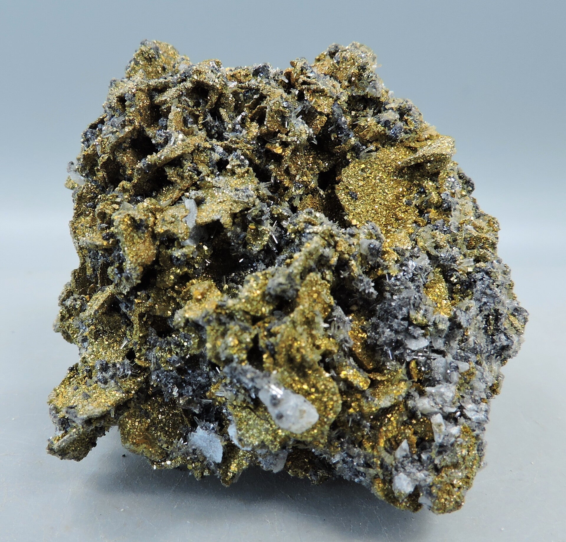 Shiny pyrite, quartz and sphalerite crystal cluster from Bulgaria – miniature