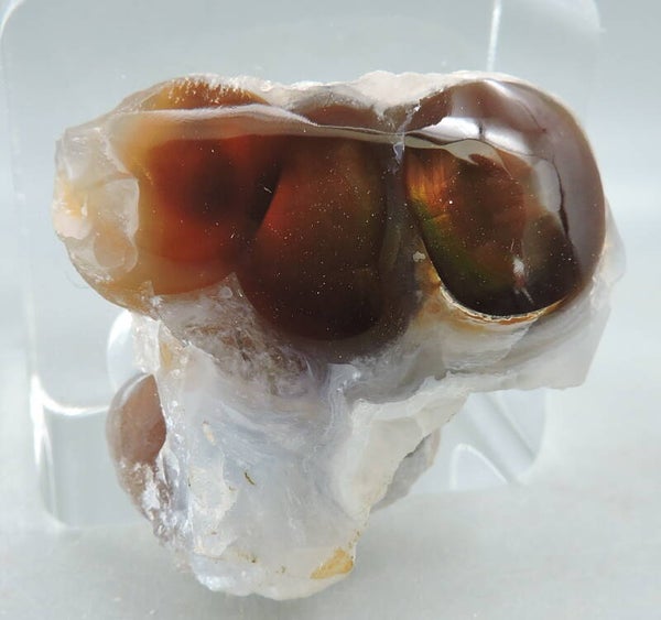 Fire agate on clear display stand from Mexico – thumbnail