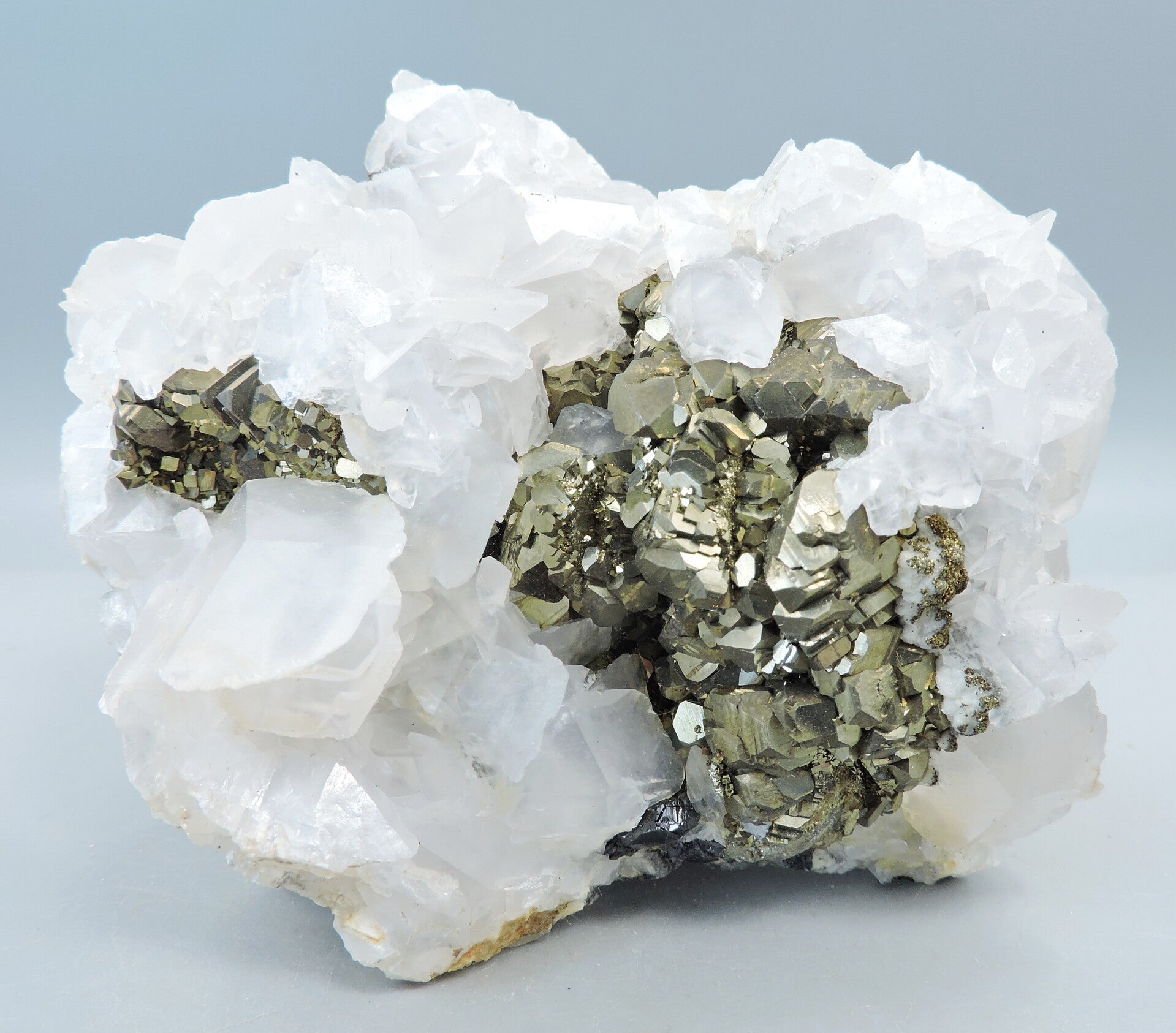Pyrite on pink fluorescent calcite from Trepca, Kosovo – cabinet size