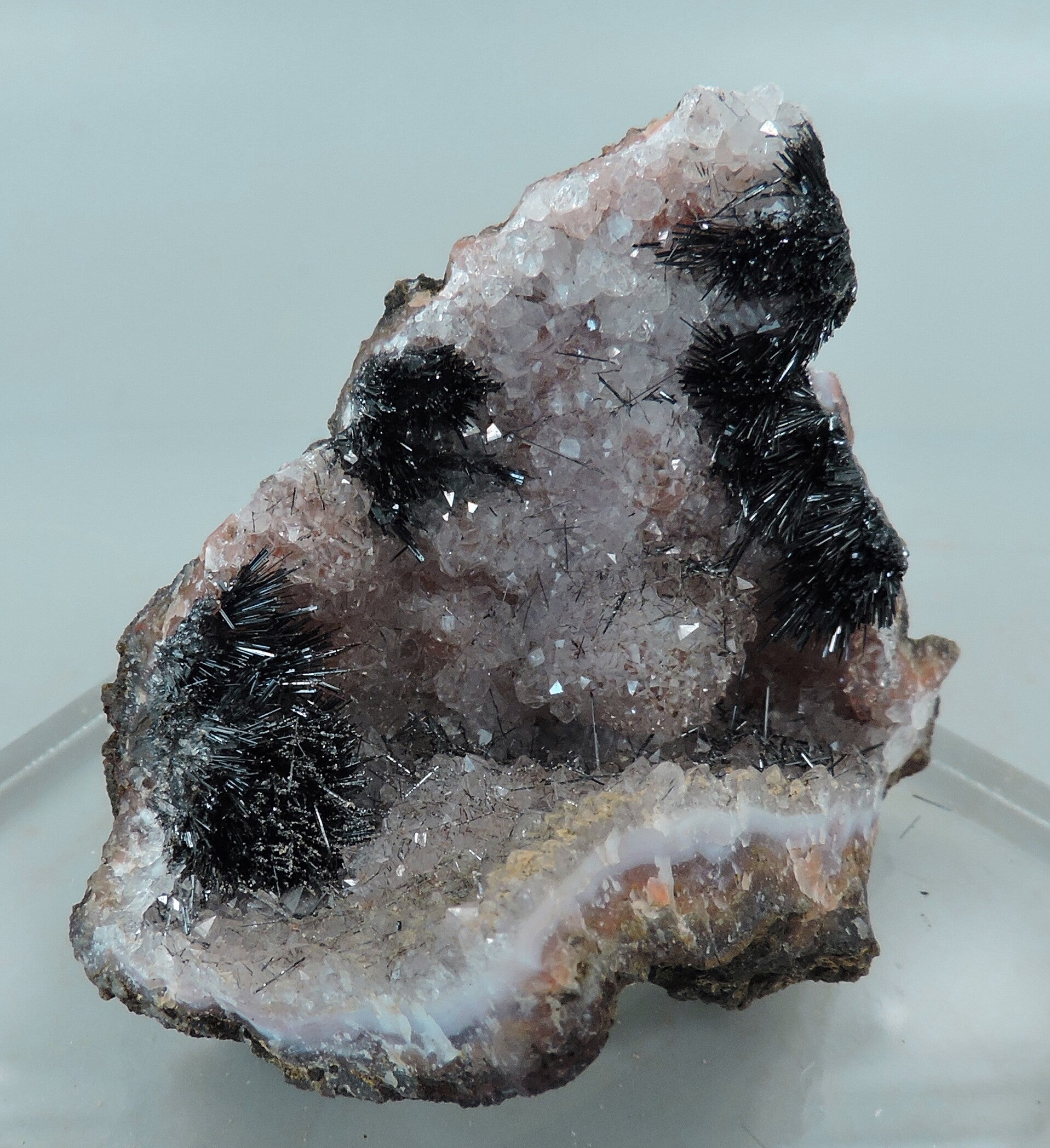 Quartz geode with goethite needles from Morocco – old find – miniature