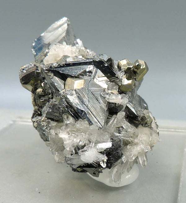 Tetrahedrite, pyrite and quartz crystal cluster from Peru – small miniature