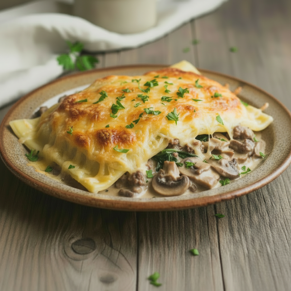 Gratinierte Rindermaultaschen mit Pilzsahnesauce