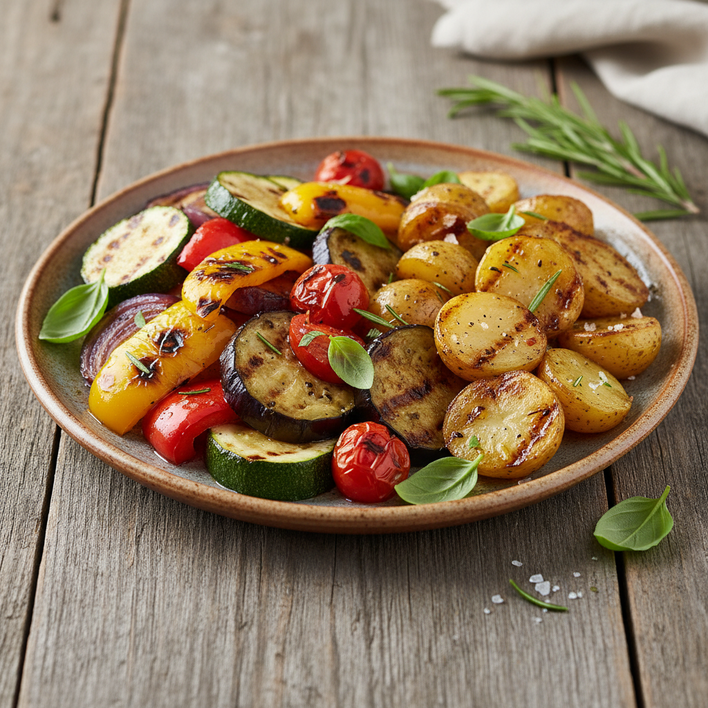Mediterrane Gemüsepfanne mit Rosmarinkartoffeln und Feta