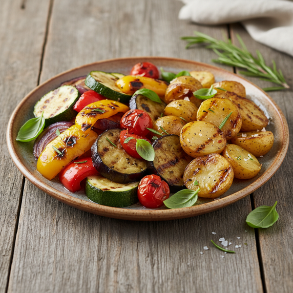 Mediterrane Gemüsepfanne mit Rosmarinkartoffeln und Feta