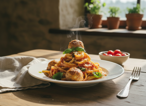 Linguini mit hausgemachten Polpette in Tomatensauce