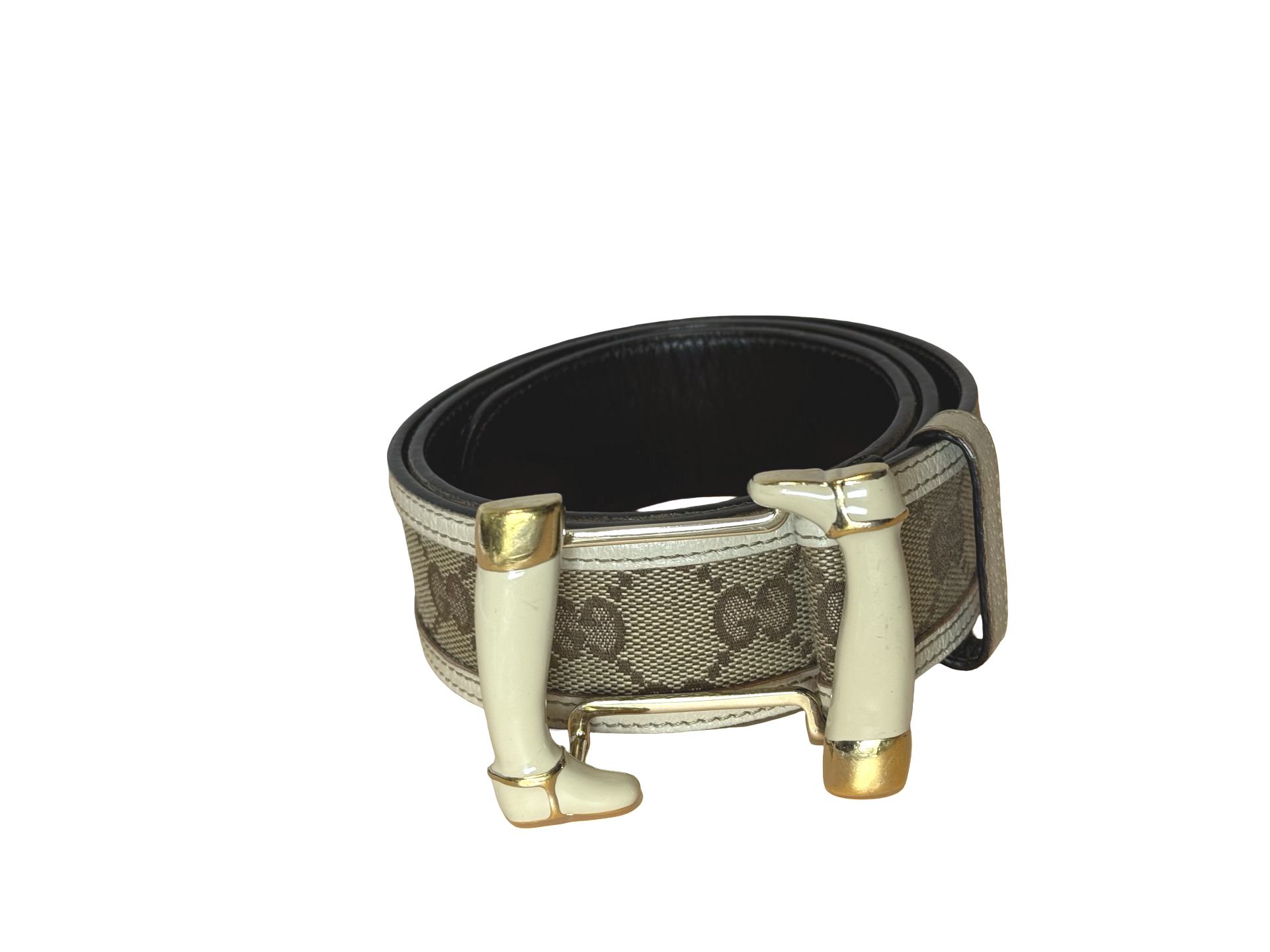 Gucci Boot Buckle Signature GG belt 75 Gürtel braun weiß limited