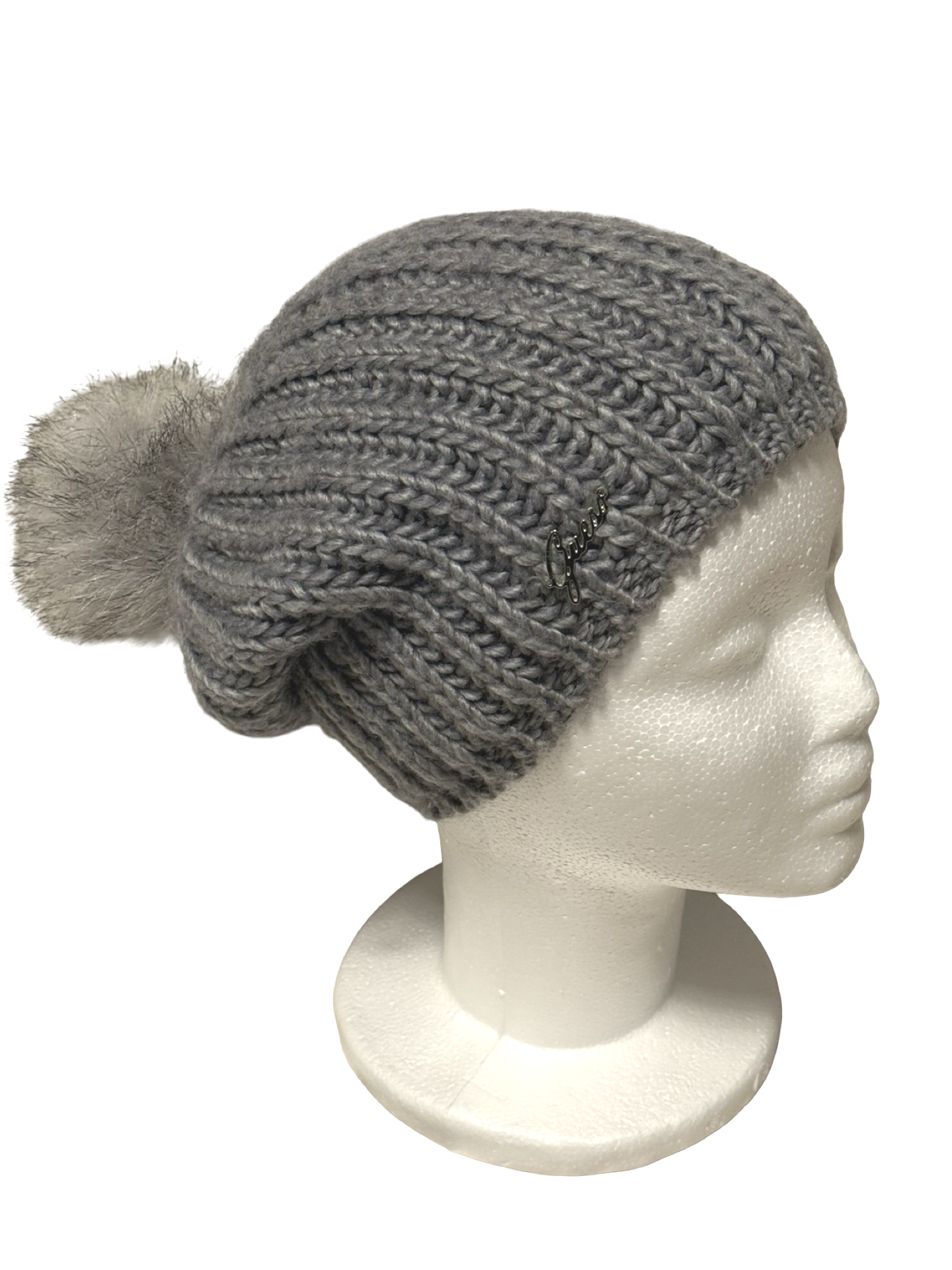 Guess Bommel Strick Beanie Mütze grau