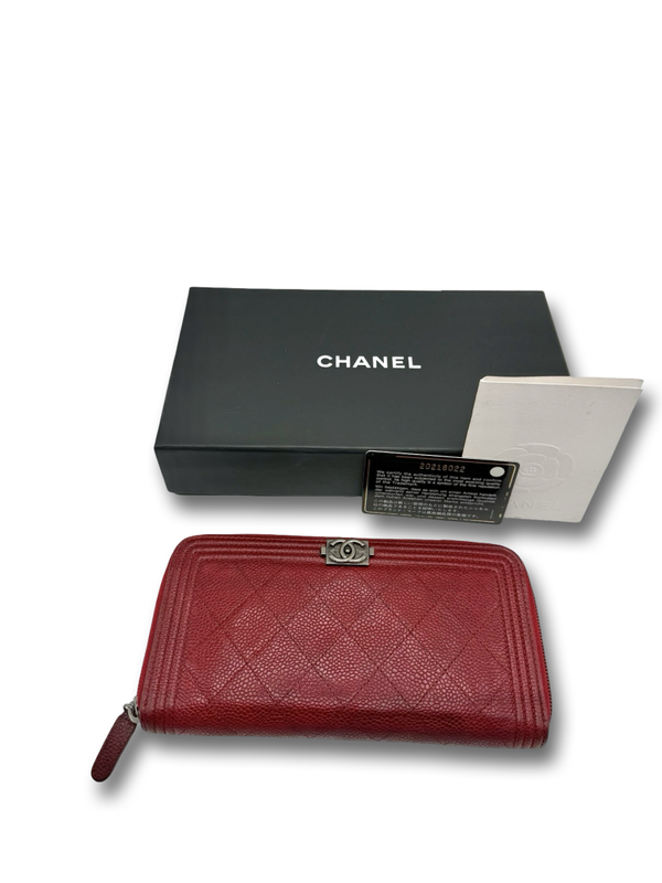 Chanel Boy Long Wallet Zip Around Caviar Geldtasche Portemonnaie rot