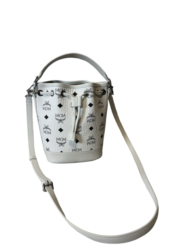 MCM Dessau mini Drawstring Beuteltasche Visetos Crossbody Tasche weiß NEU