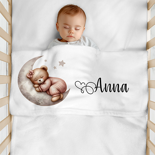 Babydeken met naam / Beertje slapend op de maan - meisje