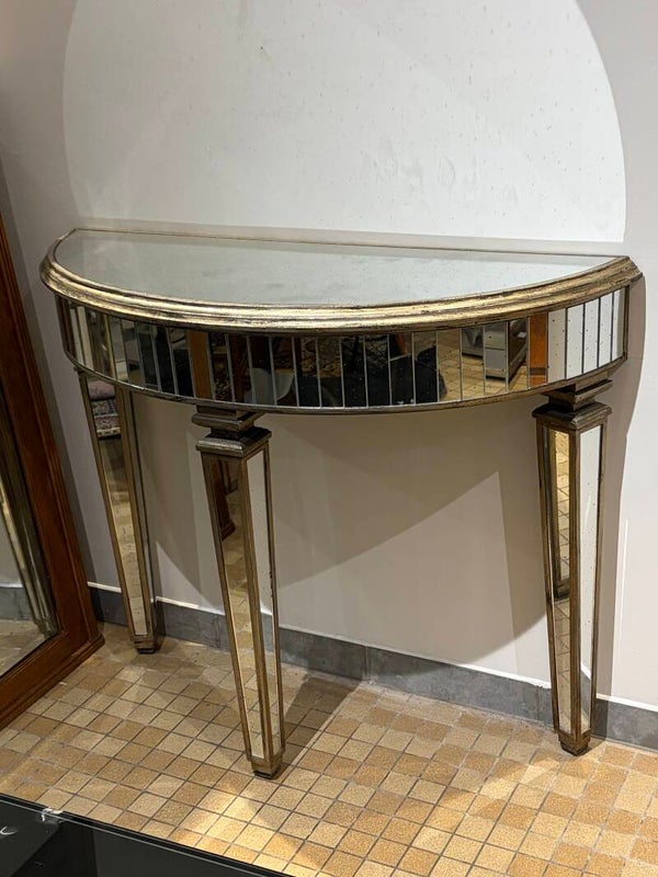 Exclusieve Hollywood Regency Goudkleurige Spiegel-Consoletafel / Haltafel (Halfrond)