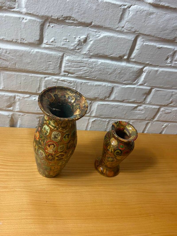 Unieke Set Vintage Decoupage Vazen met Sigarenbandjes – Handgemaakt & Nostalgisch