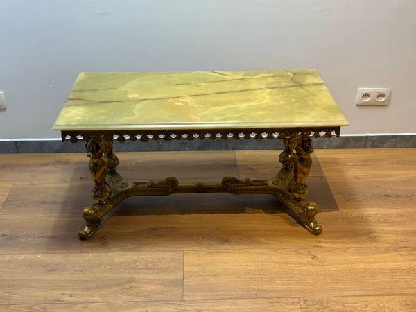 Vintage Hollywood Regency Salontafel met Groen Onyx Blad & Caryatiden – Mid-Century