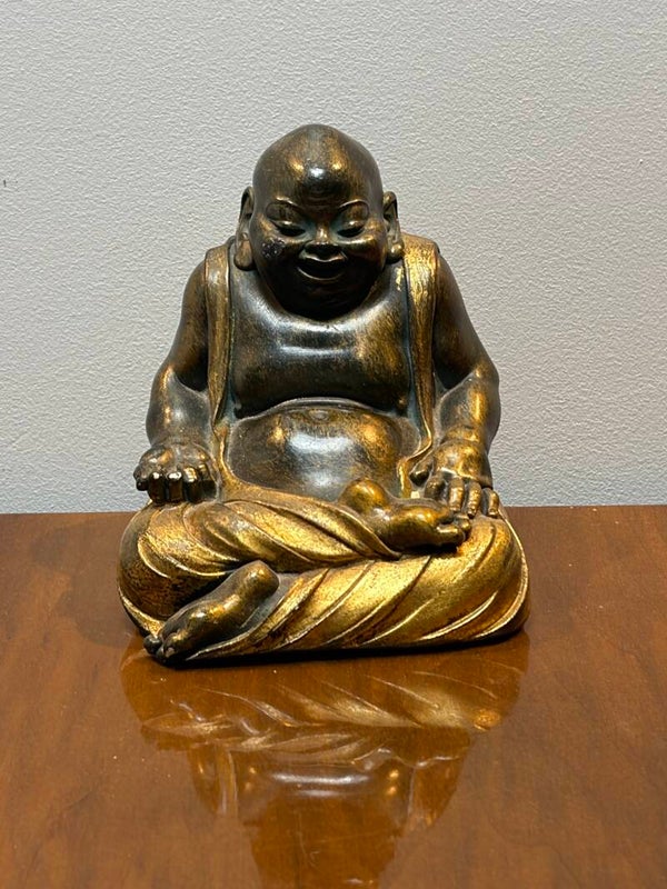 Decoratief Beeld Lachende Boeddha – Brons & Goudfinish – 12 cm