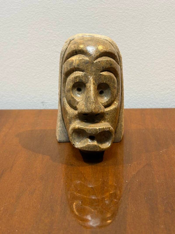 Vintage Handgesneden Spekstenen Geestmasker Sculptuur – Gesigneerd door 'Johnnie'