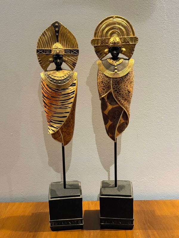 Set van 2 Gestileerde Afrikaanse Beelden met Gouden Hoofdtooi - 45 cm