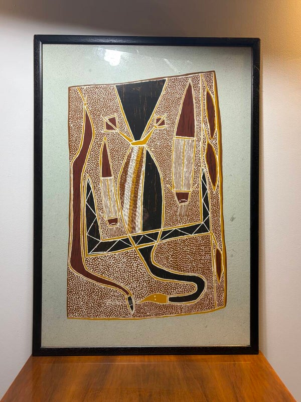 (print)Vintage Aboriginal Schorsschildering (Bark Painting) in Houten Lijst - 104 x 74 cm