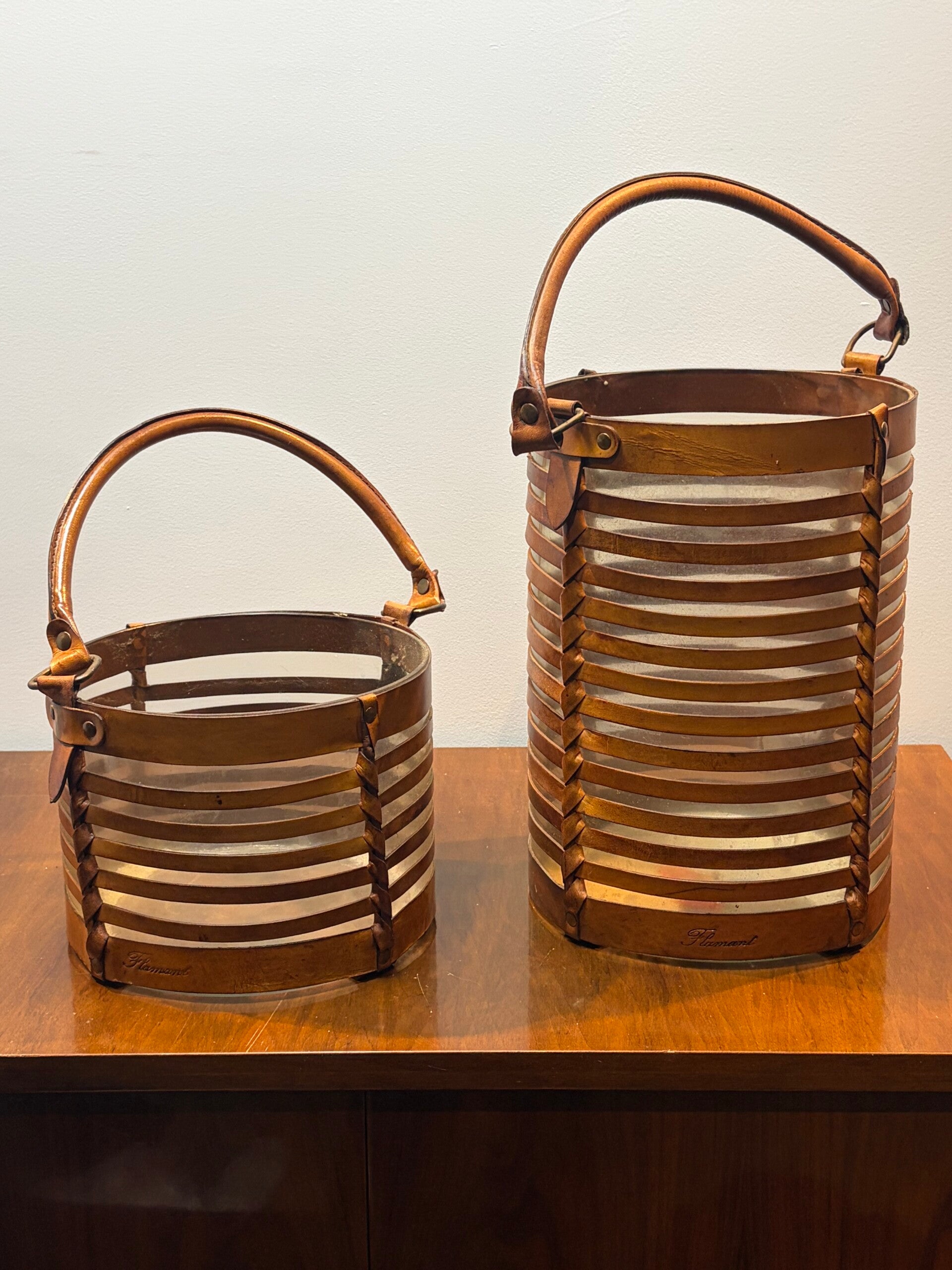 Flamant Lantaarn Leder & Glas – Set van 2 (Cognac)