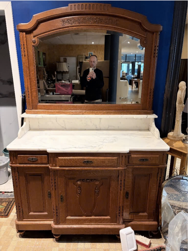 Prachtig Antiek Eiken Dressoir / Buffetkast met Wit Marmeren Blad & Grote Spiegel