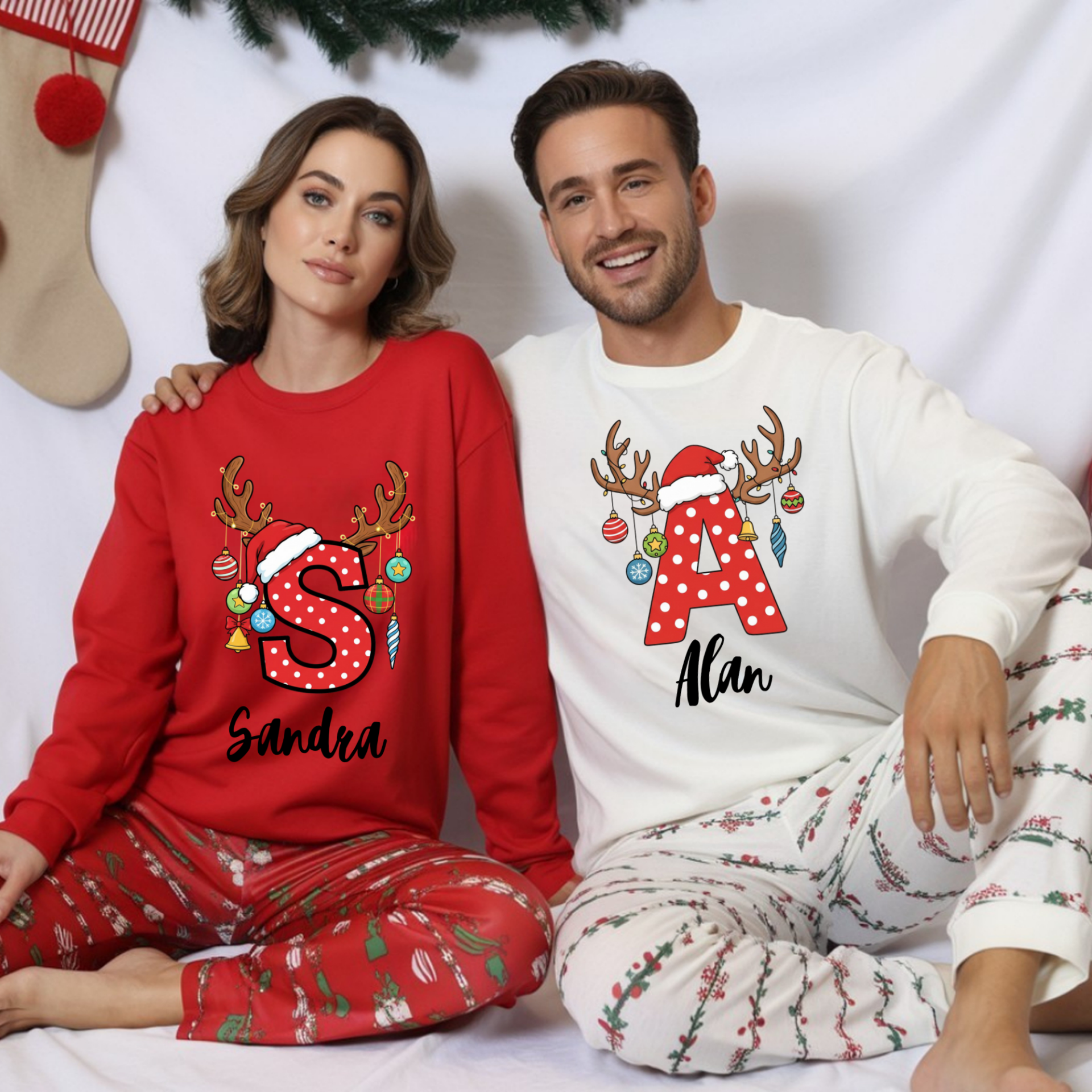 Personalized Christmas Sweatshirts – Custom Initial and Name Holiday Pullover for Couples
