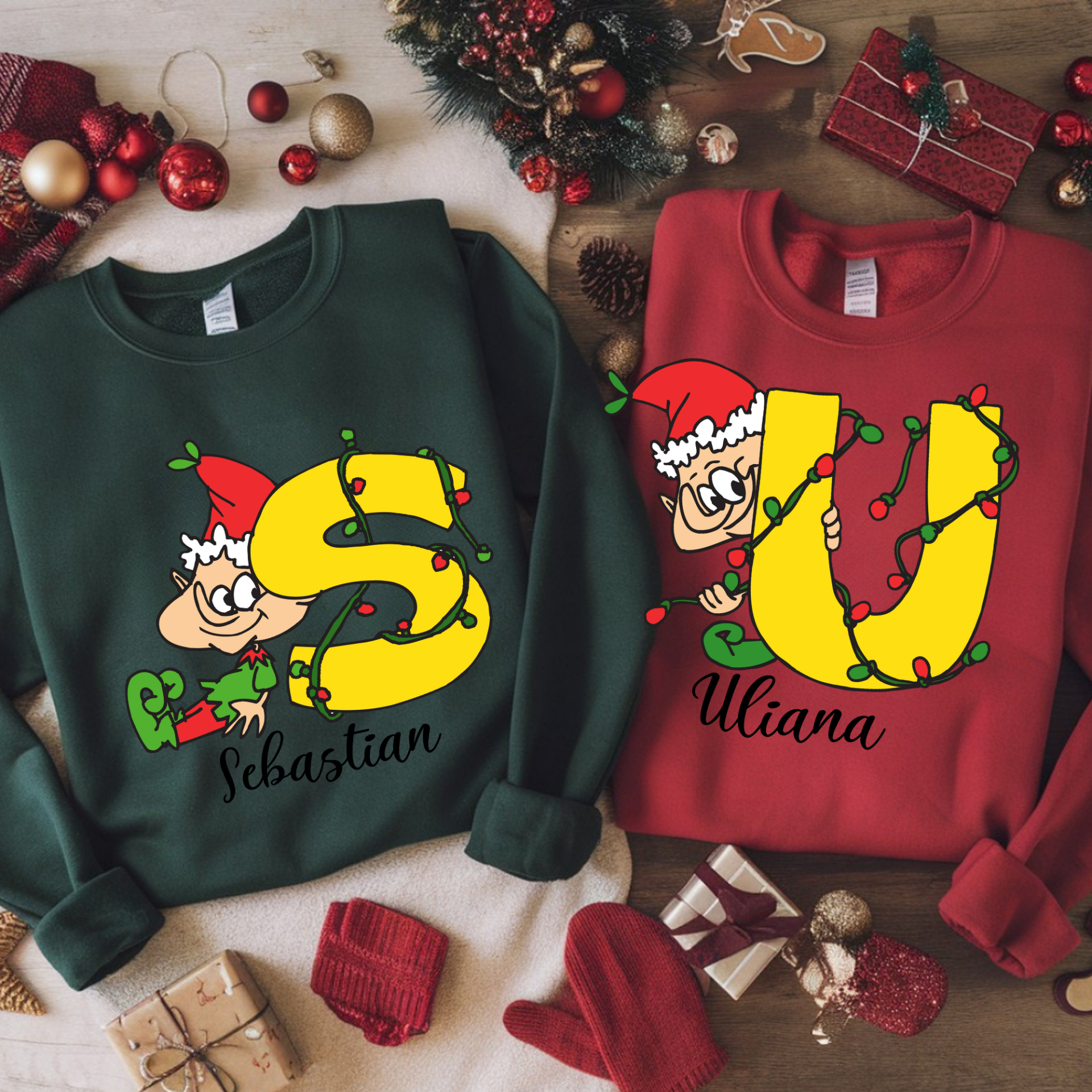 Personalized Christmas Elf Sweatshirts – Custom Initial and Name Holiday Pullover