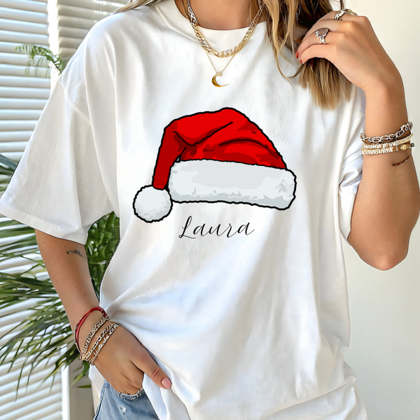 Personalized Christmas T-Shirt – Custom Name Santa Hat Tee, Holiday Gift for Her