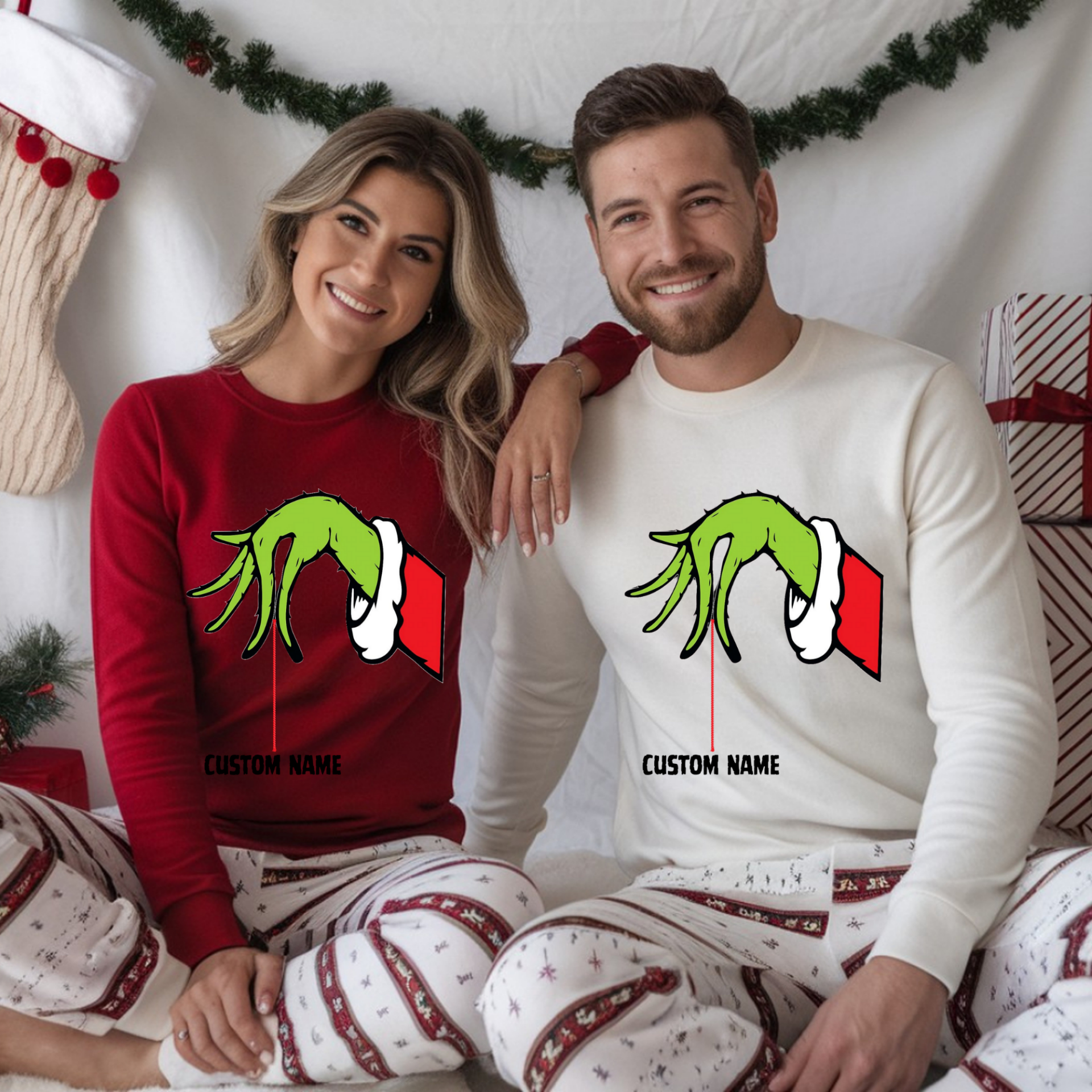 Personalized Christmas Sweatshirt – Grinch-Inspired Hand Design, Custom Name Holiday Pullover