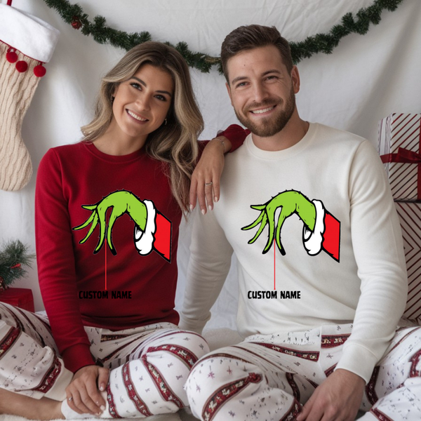 Personalized Christmas Sweatshirt – Grinch-Inspired Hand Design, Custom Name Holiday Pullover