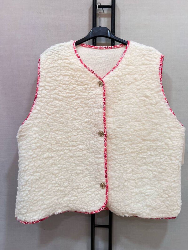 GILET BOUCLETTE DETAILS FLEURIE ROSE