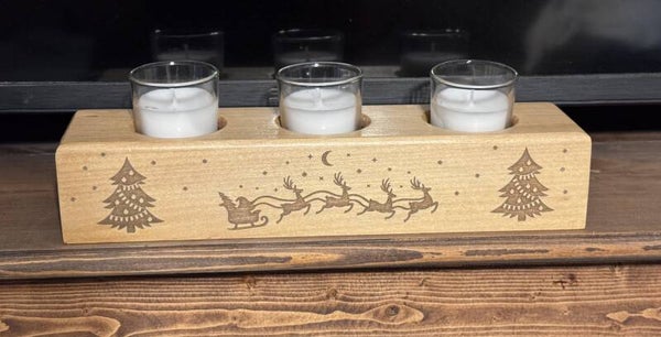 Engraved 3-Slot Wooden Candle Holder – Handcrafted Rustic Home Décor