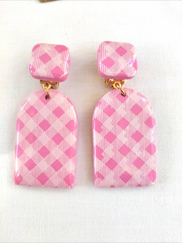 Boucles d'oreilles clips vichy rose et blanche