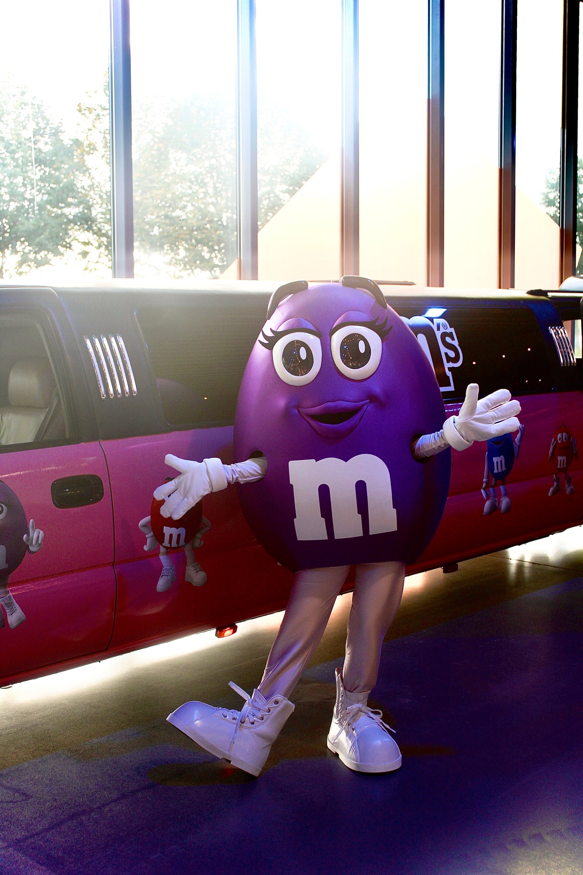 Roze limousine met M&M bestickering