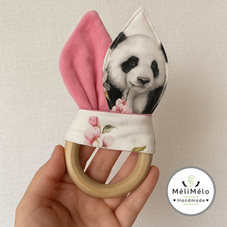 Hochet oreilles de lapin Panda Rose – jouet d’éveil et de dentition en bois naturel – MéliMélo Handmade