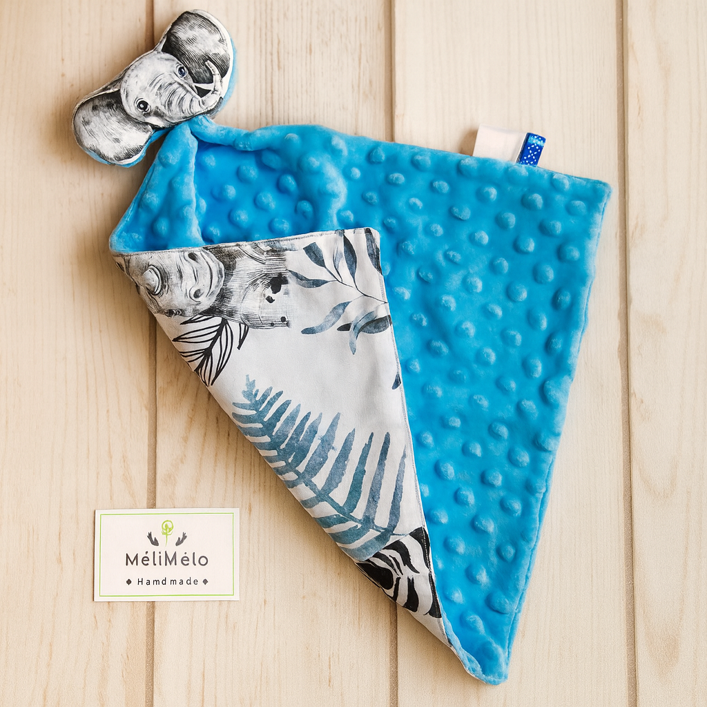 Doudou plat éléphant- bleu savane