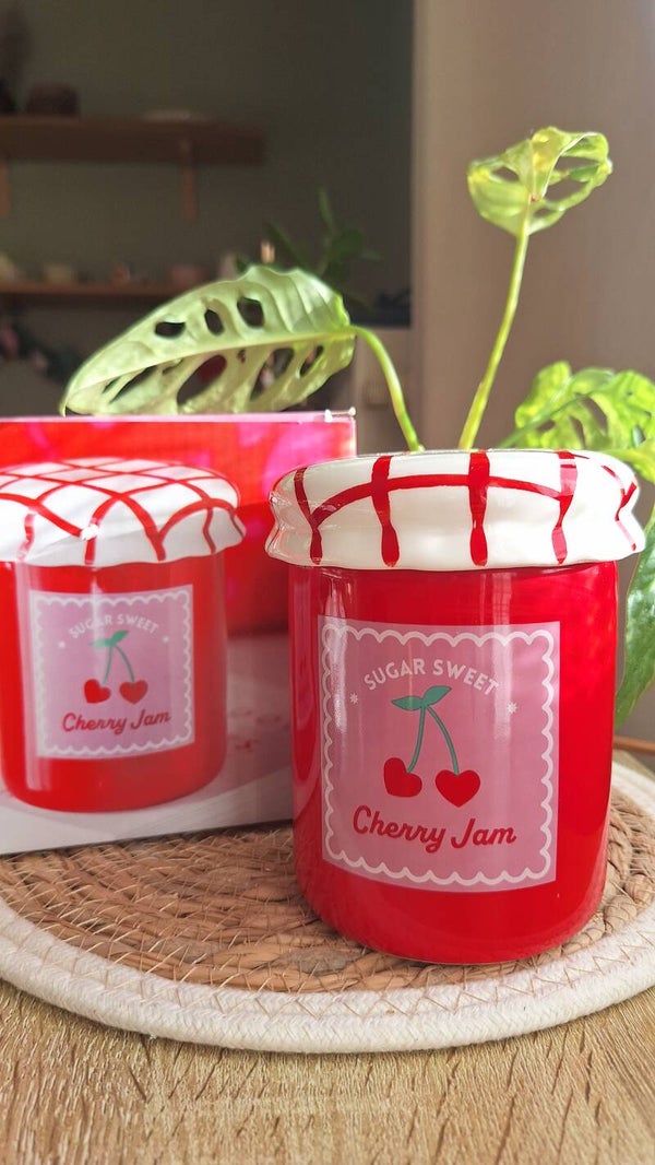 🍒❤️ Brûleur d’huile & chauffe-cire Pot de confiture – Rouge cerise
