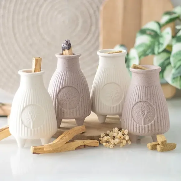 🌿 Brûleur en céramique Palo Santo – Greige nervuré