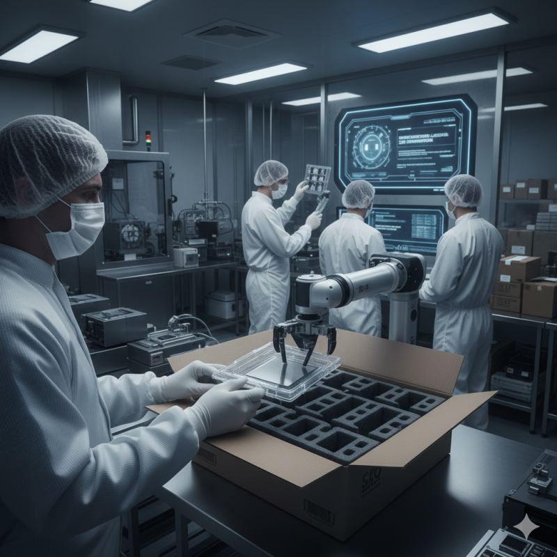 Advanced cleanroom-ready packaging for semiconductor wafers and microchips, featuring ESD-safe materials and precision-aligned trays for sterile handling and automated robotic assembly.