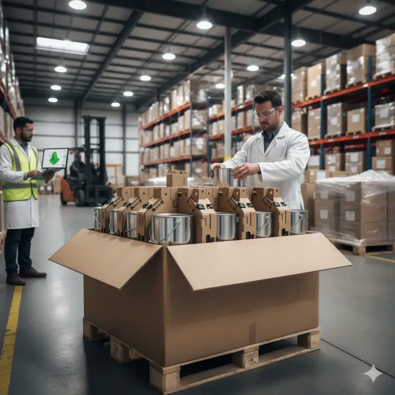 High-strength corrugated packaging undergoing compression testing to ensure structural integrity and stacking stability for heavy chemical loads