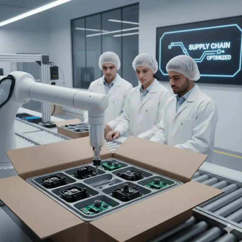 Custom-designed kitting trays and component packaging optimized for lean manufacturing, featuring visual indexing and precise part orientation to streamline automated assembly and line-side supply.