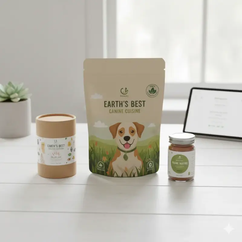 Eco-friendly pet food packaging featuring recyclable kraft paper bags and FSC-certified corrugated boxes, designed for brand alignment and environmental sustainability.