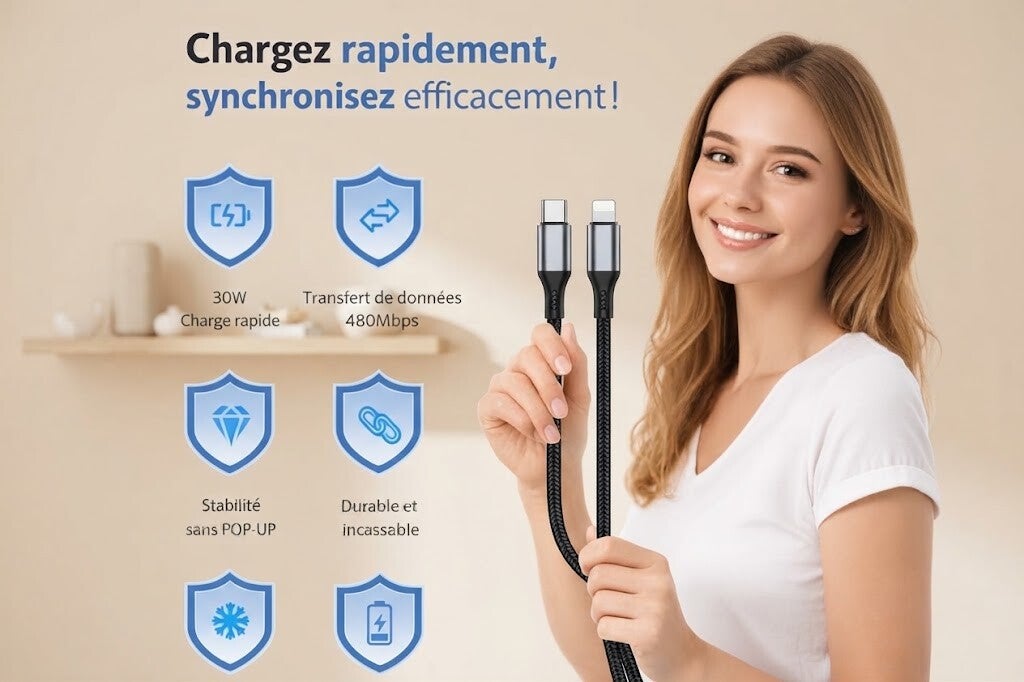 Câble Lightning 2M - USB-C vers Lightning - Certifié C94 - 30W