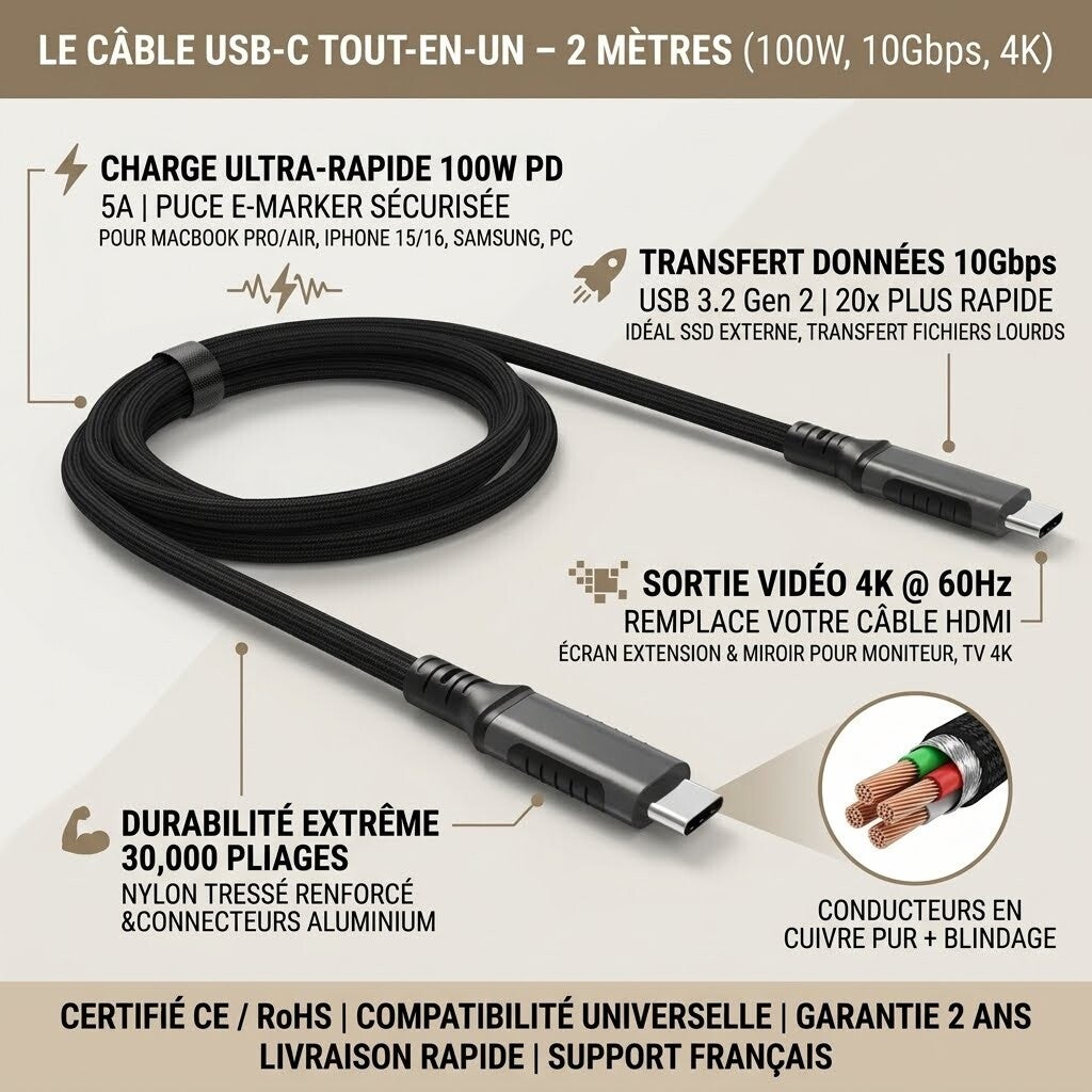Câble USB-C vers USB-C 100W 2M - Charge Rapide + Transfert de Données 10Gbps + Vidéo 4K - Nylon Tressé - TechBlend
