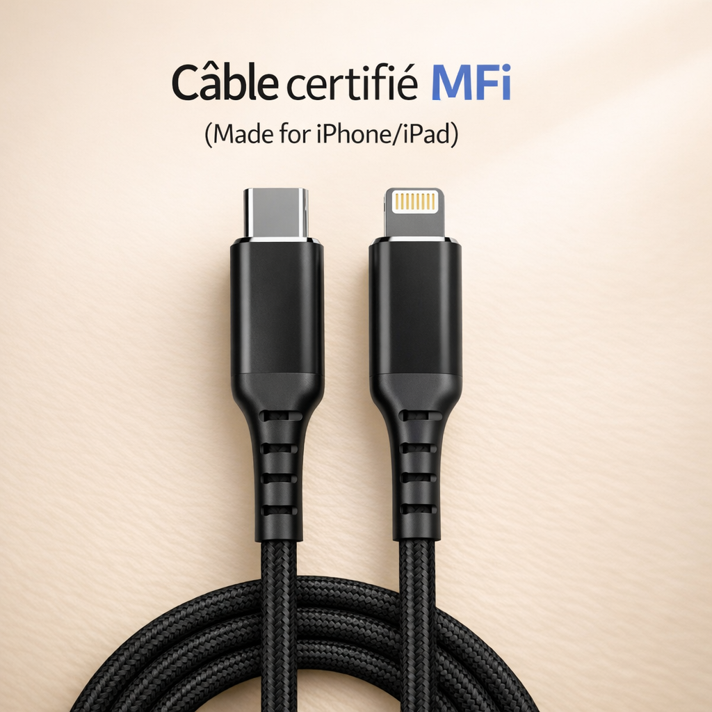 ⚡ Câble 2m Certifié MFi – USB-C vers Lightning, Charge Rapide 30W & Nylon Tressé